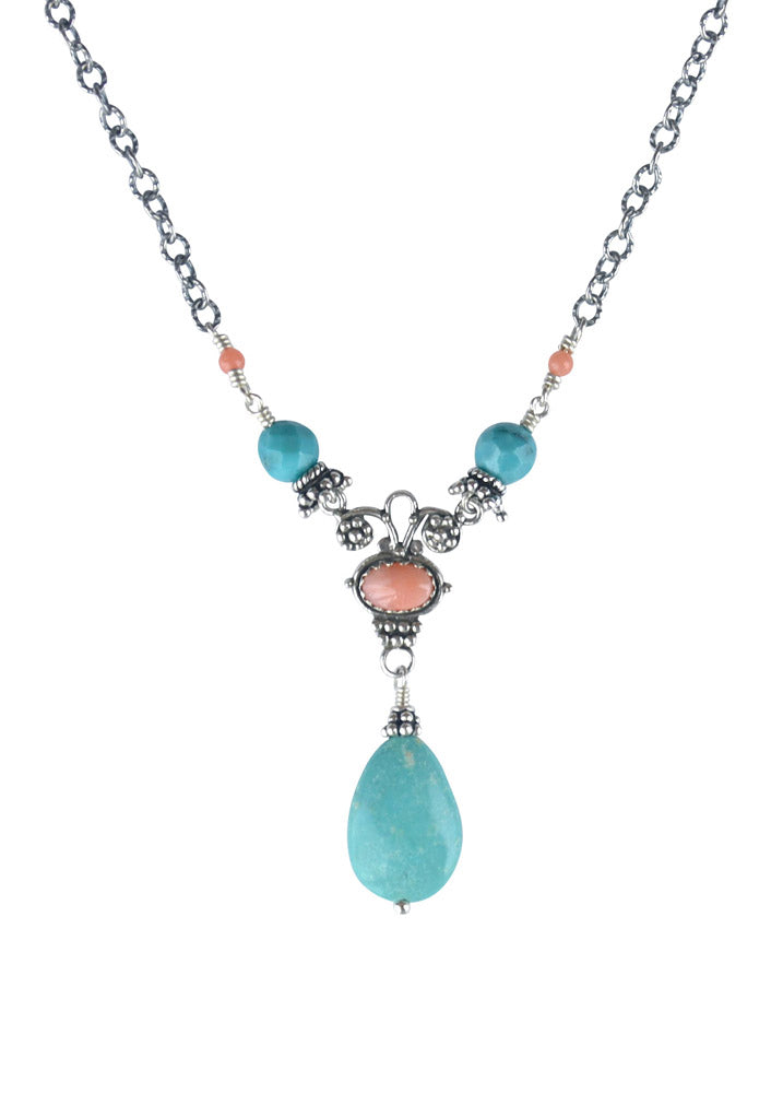 Turquoise & Pink Coral Drop Silver Necklace