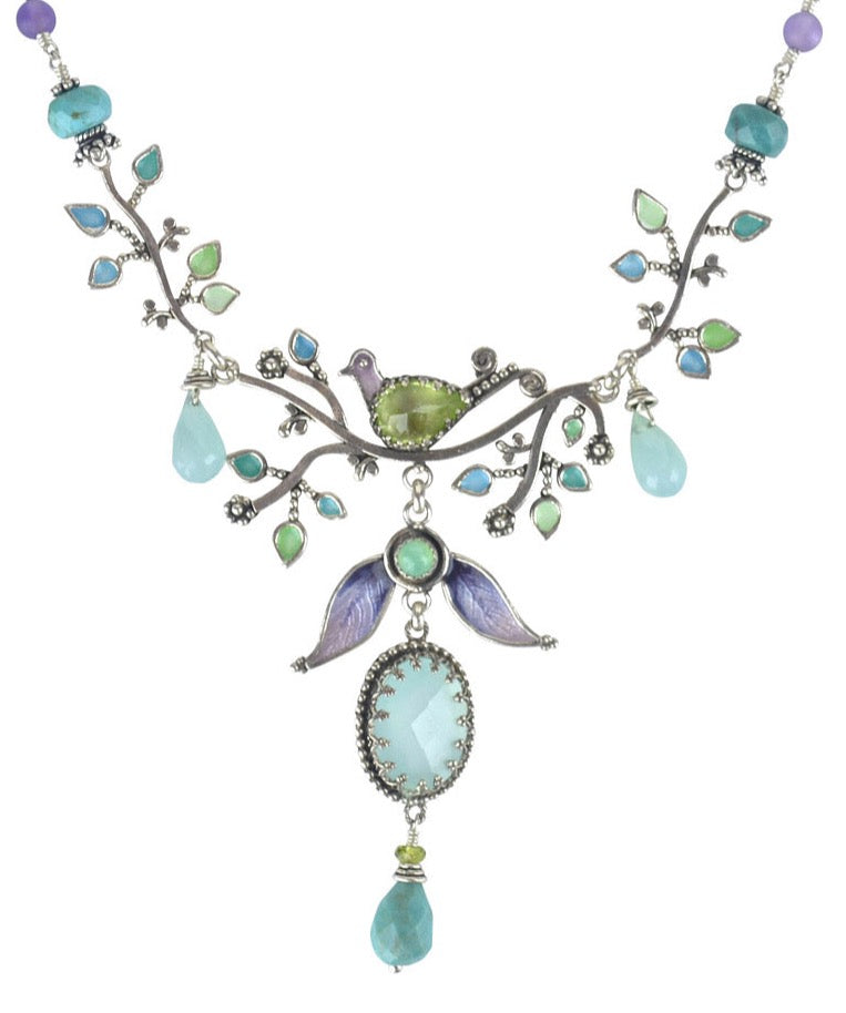 Aqua Chalcedony, Peridot, Amethyst & Turquoise Enameled Bird on Branch Necklace