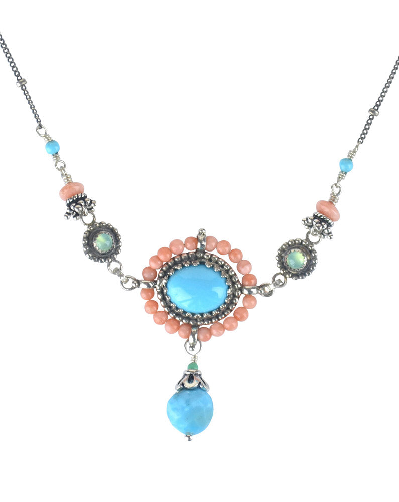 Turquoise, Pink Coral & Chrysoprase Silver Necklace