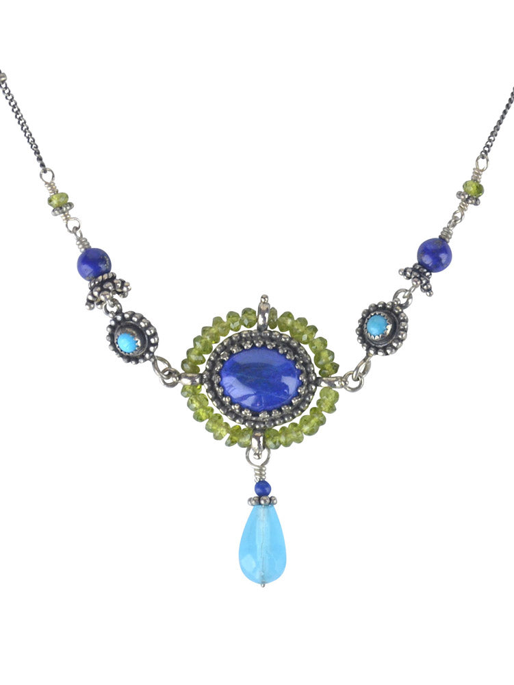 Lapis Lazuli, Turquoise & Peridot Silver Necklace