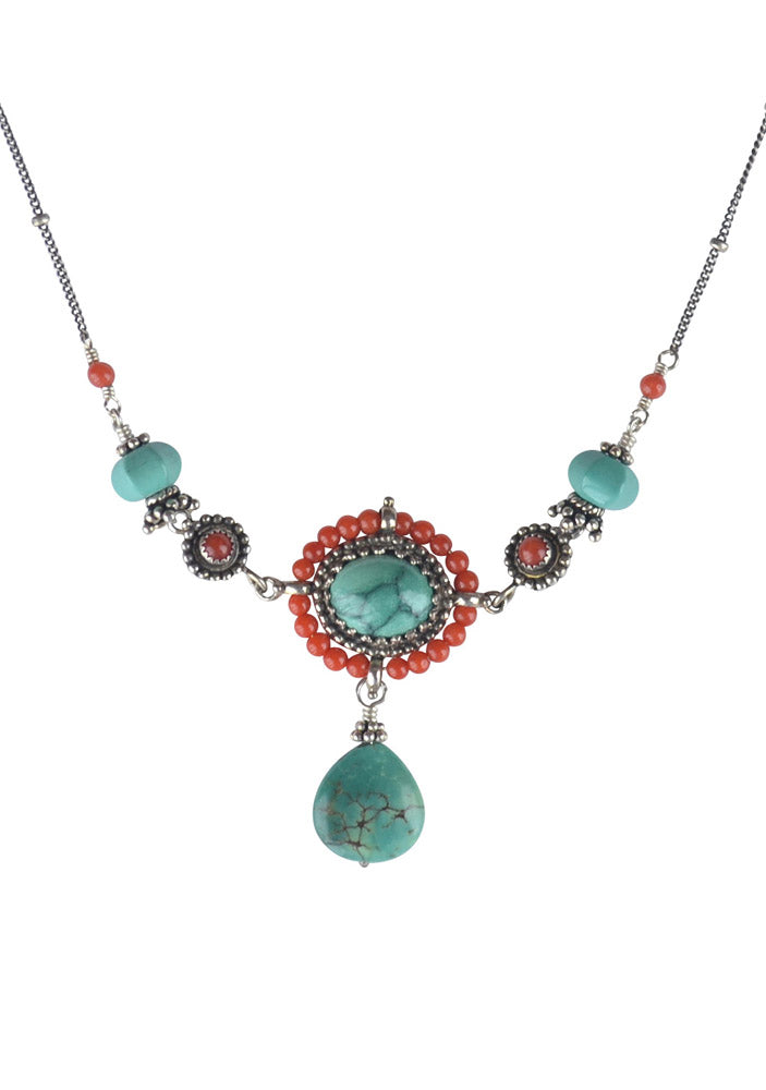 Turquoise & Coral Silver Necklace