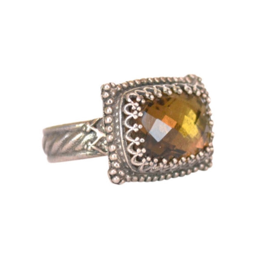 Whiskey Quartz Rectangular Ring   Checker cut 14x10mm whiskey quartz stone, set in a filigree bezel. Bezel surrounded by baby silver dots. Ring has a pattern band with special detail next to the setting.  Ring comes in size 5.5,6.5, 7.5, 8.5, 9.25 & 10.  Materials: Sterling silver & whiskey quartz
