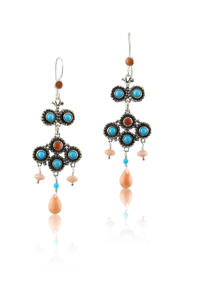 Turquoise & Coral Silver Chandelier Earrings