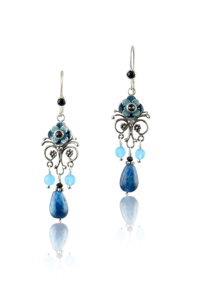 Black Onyx, Blue Quartz & Apatite Enameled Flower Earrings