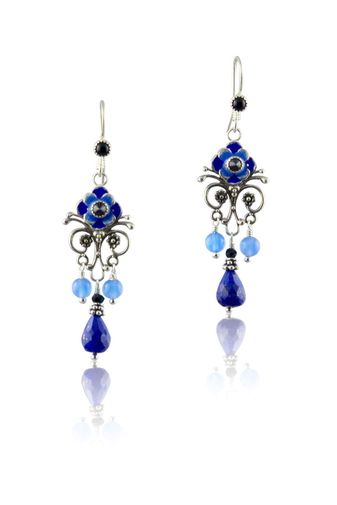 Lapis Lazuli, Blue Quartz & Black Onyx Enameled Flower Earrings