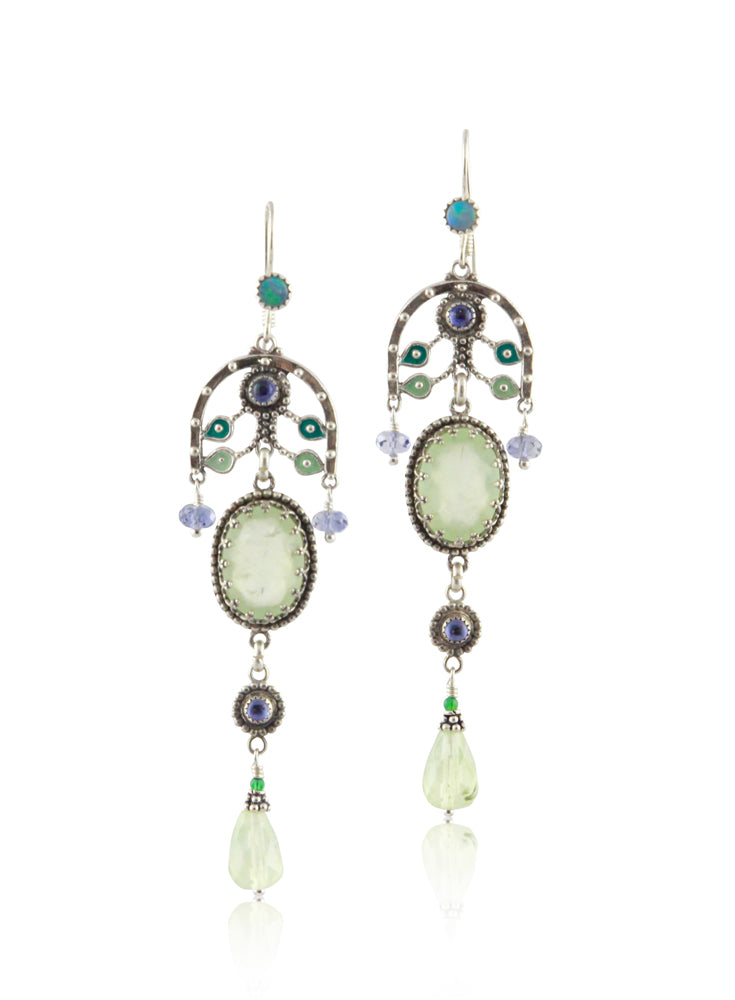 Prehnite, Iolite, Opal & Green Onyx Enameled Leaf Chandelier Earrings