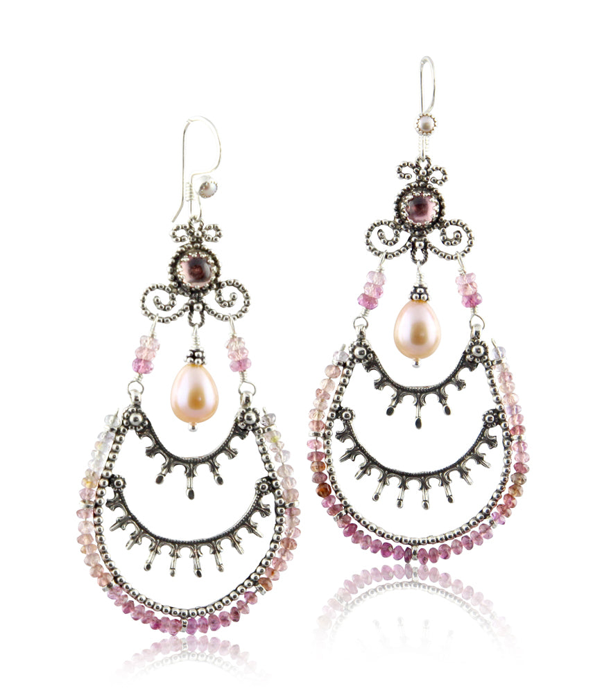 Pink Tourmaline & Pearl Chandelier Earrings