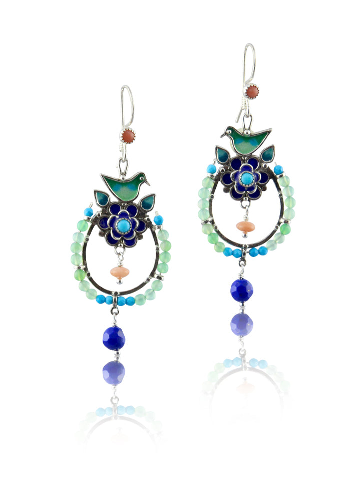 Chrysoprase, Lapis Lazuli, Coral & Turquoise Enameled Nesting Bird Earrings