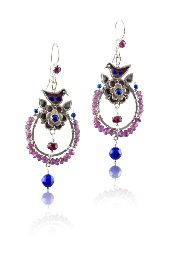 Rhodolite Garnet, Ruby & Lapis Lazuli Enameled Nesting Bird Earrings