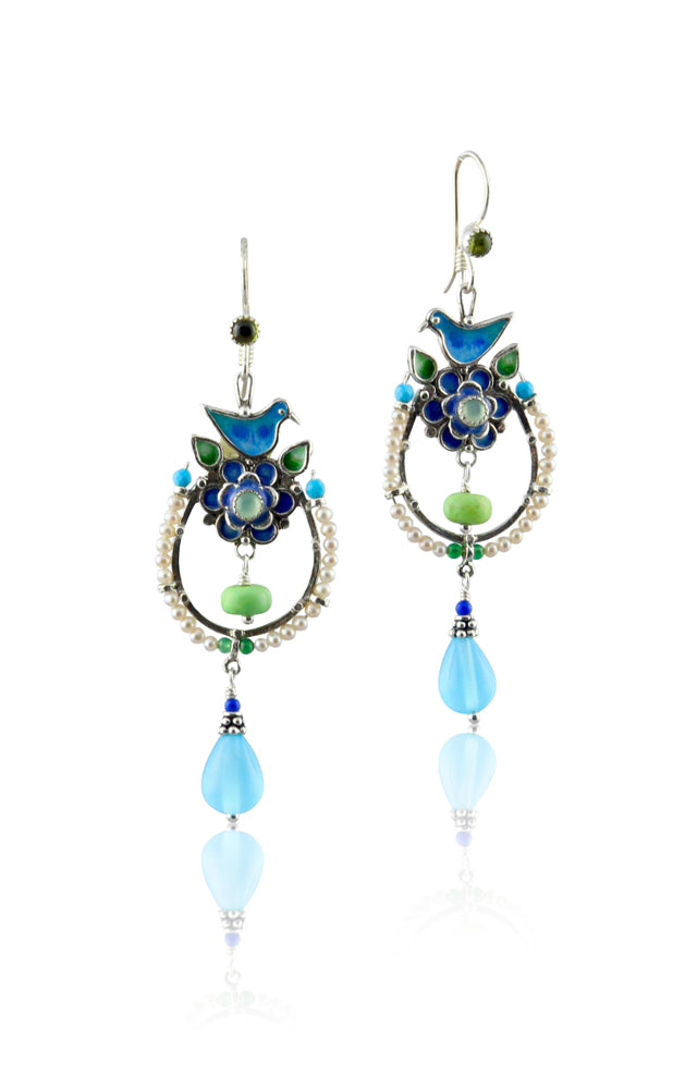 Pearl, Blue Quartz, Chrysoprase, Turquoise & Peridot Enameled Nesting Bird Earrings