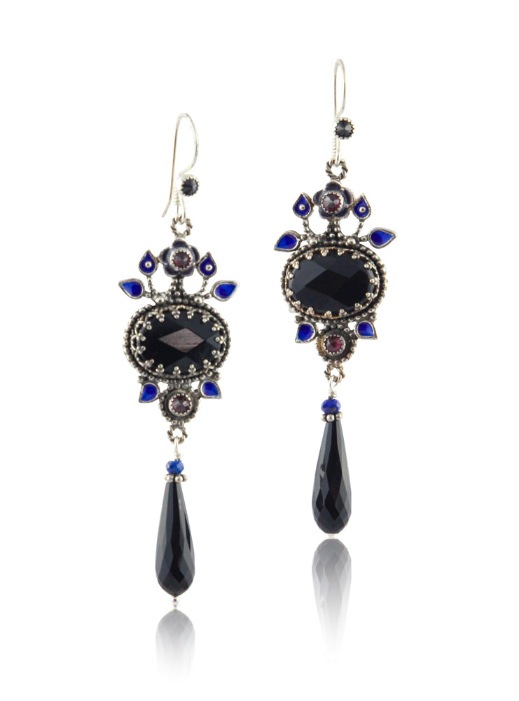 Black Onyx, Garnet & Lapis Lazuli Enameled Spring Flower Earrings