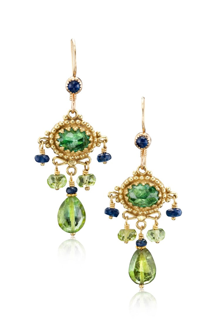 18K gold mini chandeliers with green tourmaline, peridot and blue sapphire