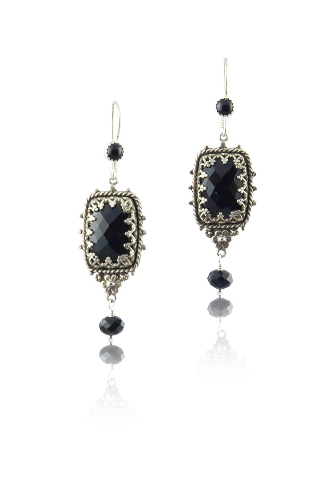 Black Onyx Floral Silver Earrings