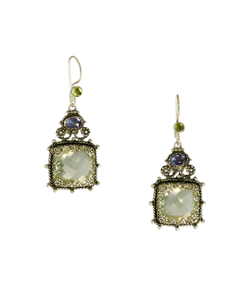 Green Amethyst, Peridot & Iolite Silver Earrings