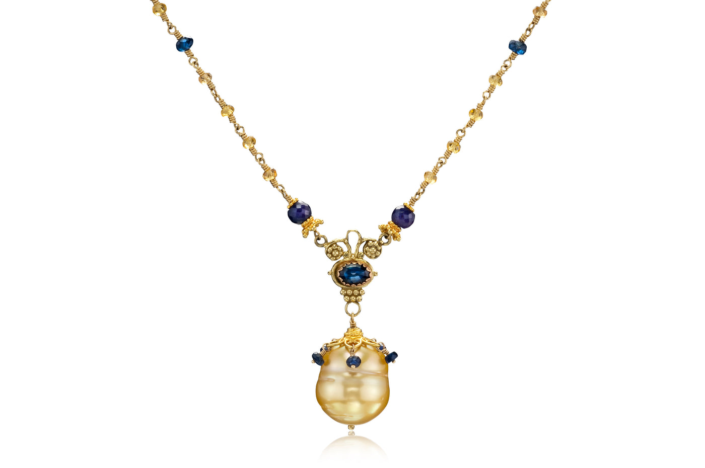 South Sea Pearl, Blue & Yellow Sapphire 18K Gold Drop Necklace