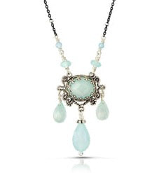 Three Drop Chalcedony Necklace  Rose cut 10x8mm chalcedony set in lacy bezel, surrounded by filigree work. Three faceted chalcedony drops hang from pendant, and two chalcedony beads lead to the delicate oxidized chain. This an elegant, delicate, necklace that can be worn daily.  Materials: Sterling silver & aqua chalcedony  Length: 17 inches
