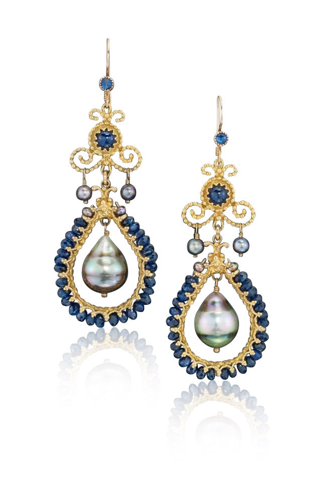 Blue Sapphire & Tahitian Pearl 18K Gold Statement Earrings