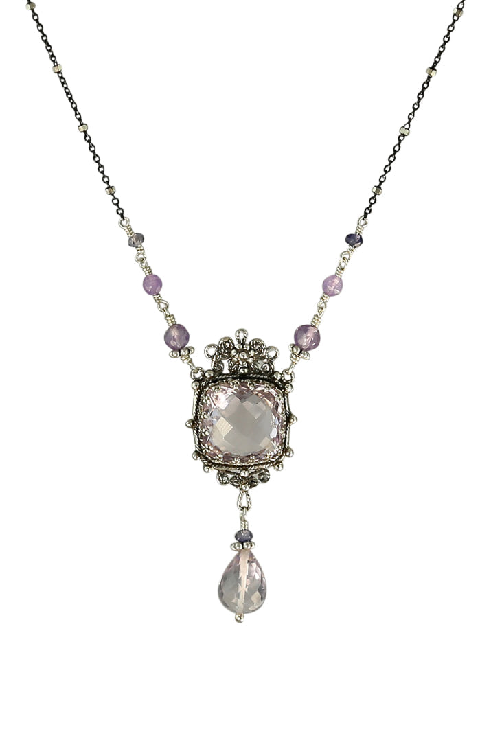 Pink Amethyst & Iolite Silver Filigree Necklace