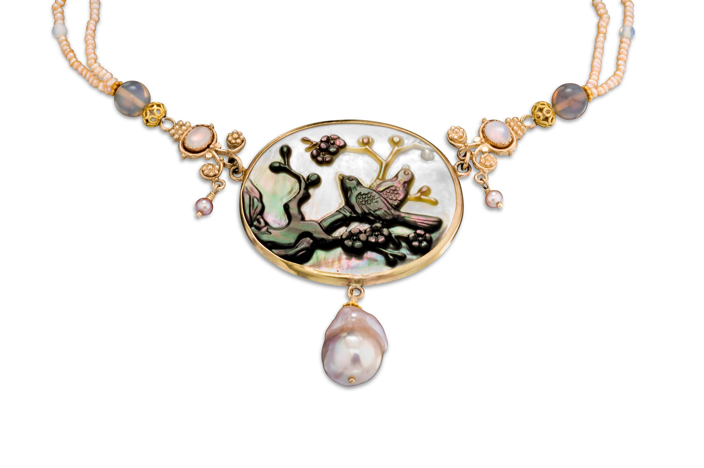 Mother of Pearl, Opal & Pearl 18K/14K Love Birds Necklace