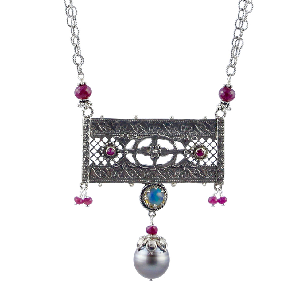 Tahitian Pearl, Opal & Ruby Silver Necklace