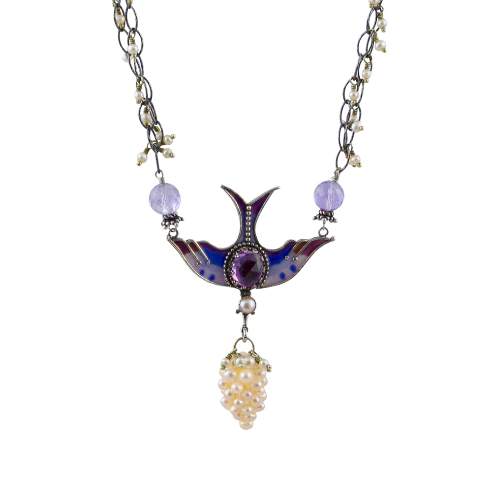 Enameled, Pearl, Amethyst, Lab Pink Sapphire Bird Necklace