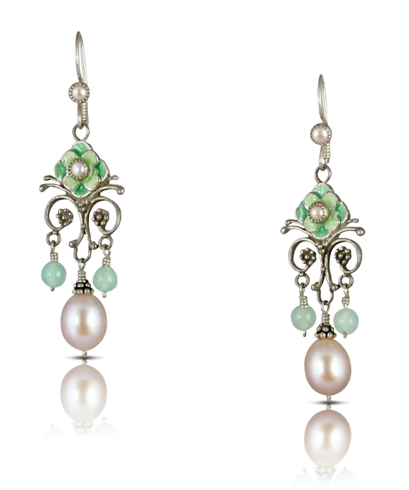Pearl & Chrysoprase Enameled Flower Earrings