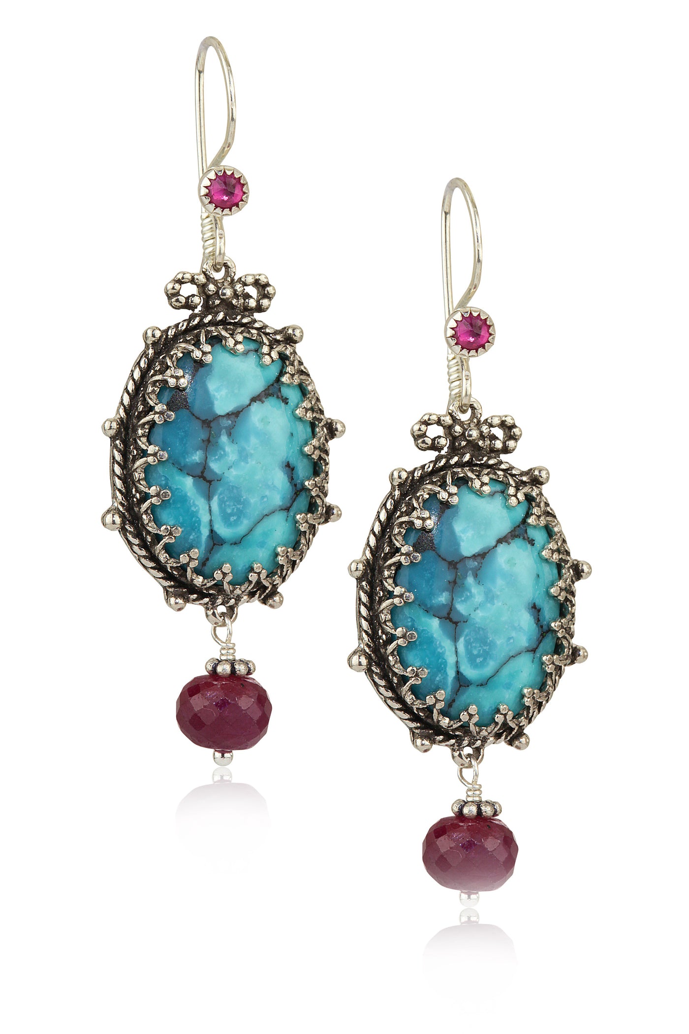 Turquoise & Ruby Silver Earrings