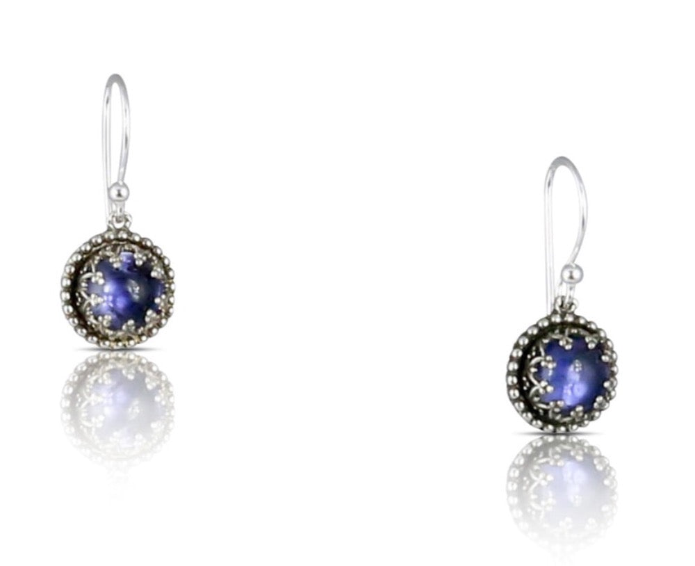 Iolite Small Filigree Earring  Beautiful cabochon 7mm iolite stone set in a delicate filigree bezel, surrounded by tiny dots. This is a classic design that can be worn daily.  Materials: Sterling silver & iolite