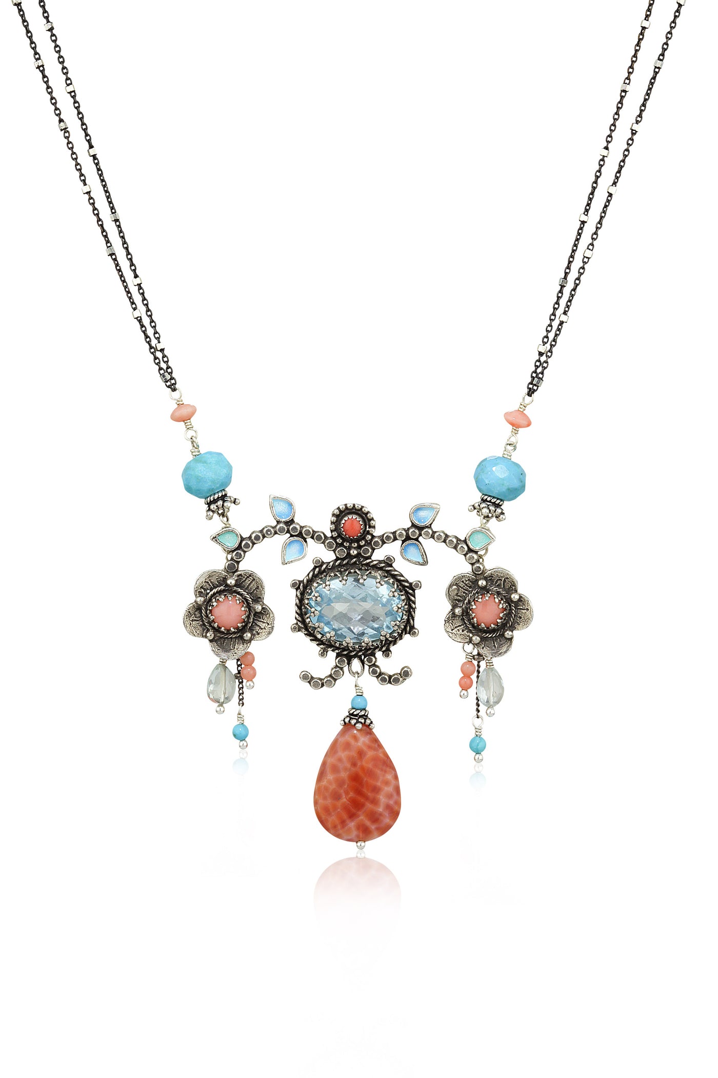 Blue Topaz, Coral & Turquoise Floral Statement Necklace