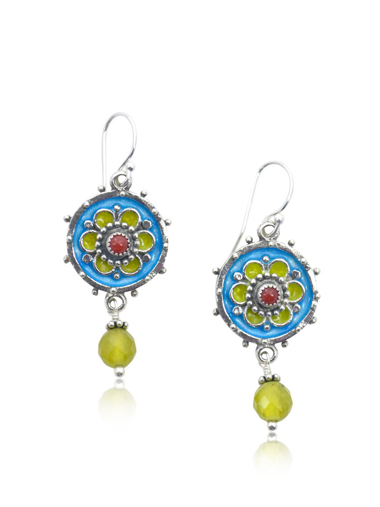 Coral & Olive Jade Enameled Flower Earrings