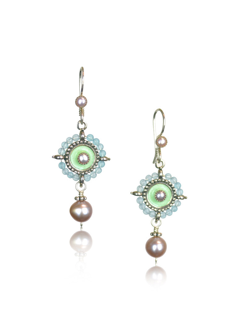 Aqua Chalcedony & Pearl Enameled Mandala Earrings