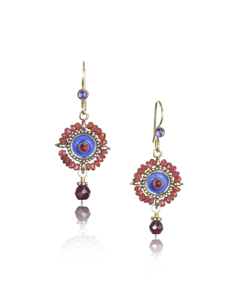 Garnet & Iolite Enameled Mandala Earrings