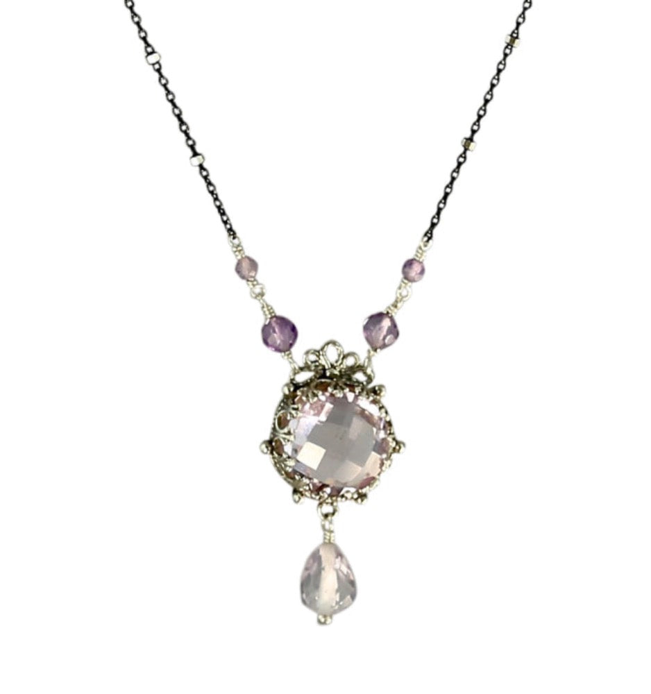 Pink Amethyst Facets Necklace  Gorgeous delicate silver bezel with open back, showcases stone beautifully. The center pendant is a briolette checker cut 11mm pink amethyst, with a faceted pink amethyst drop. This necklace has a beautiful oxidized silver chain with shiny, sparkly silver accents sprinkled along. The clasp is hand made.  Materials: Sterling silver & pink amethyst  Length: 17"
