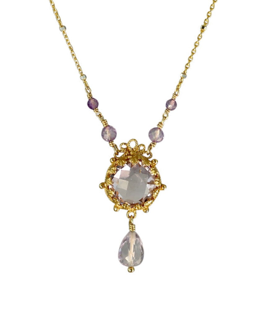 Pink Amethyst Vermeil Necklace   Gorgeous delicate bezel with open back, showcases stone beautifully. The center pendant is a briolette checker cut 11mm pink amethyst, with a faceted pink amethyst drop. This necklace has a beautiful goldfill chain with shiny, sparkly silver accents sprinkled along. The clasp is hand made.  Materials: 18K gold vermeil, gold fill chain & pink amethyst.  Length: 17"