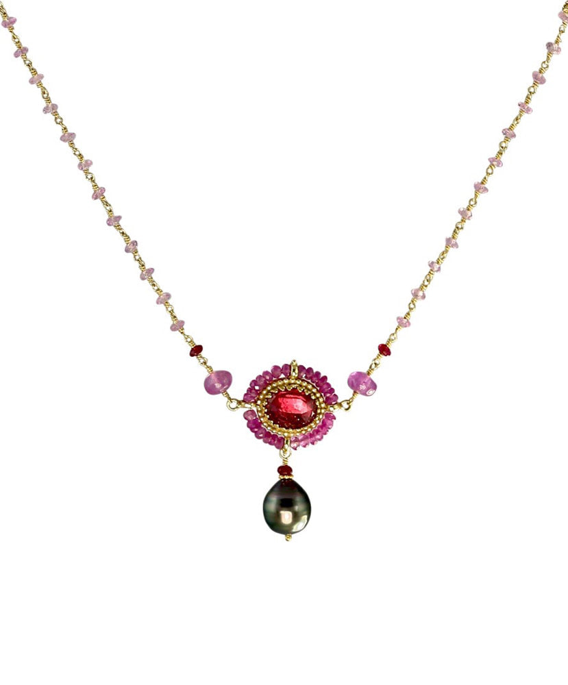 Pink Sapphire, Pink Tourmaline, Ruby & Tahitian Pearl 18K Gold Necklace