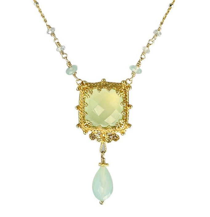 Chalcedony Window 18K Gold Vermeil Necklace  Rose cut 12x12mm aqua chalcedony set in a lacy bezel. Delicate twisted wire filigree detail surrounds the setting, and a faceted chalcedony drop hangs from the bottom. Three tiny chalcedony stones connect the pendant to the delicate chain. This necklace can be worn every day.  Materials: 18k gold vermeil, gold fill & aqua chalcedony.  Length: 17 inches