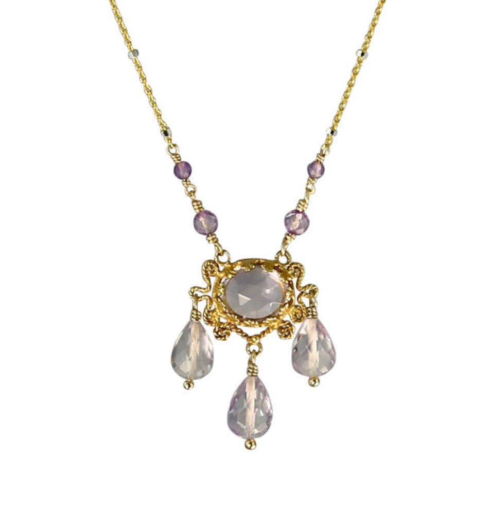 Three Drop Pink Amethyst 18K Gold Vermeil Necklace   Rose cut 10x8mm pink amethyst set in lacy bezel, surrounded by filigree work. Three faceted pink amethyst drops hang from pendant, and two pink amethyst beads lead to the fine chain. This is an elegant, delicate necklace that can be worn daily.  ​Materials: 18K gold vermeil, gold-fill chain, and pink amethyst Length: 17 inches