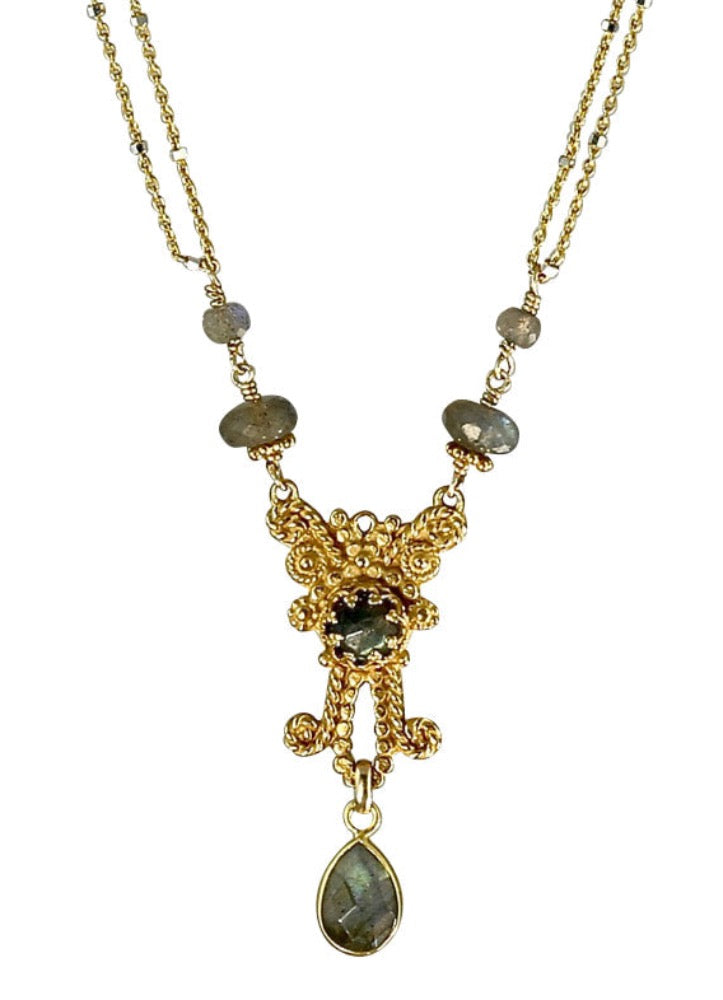 Gold Vermeil Labradorite Necklace  A 6mm rose cut labradorite stone set in a lacy bezel and surrounded by intricate designs. Faceted labradorite drop hangs from the bottom, and graduated labradorite beads connect the pendant to the double chain. This is a delicate design with beautiful details, and can be worn daily!  Materials: 18K gold vermeil, gold-fill & labradorite  ​Length: 17 inches. Please contact us for other lengths!