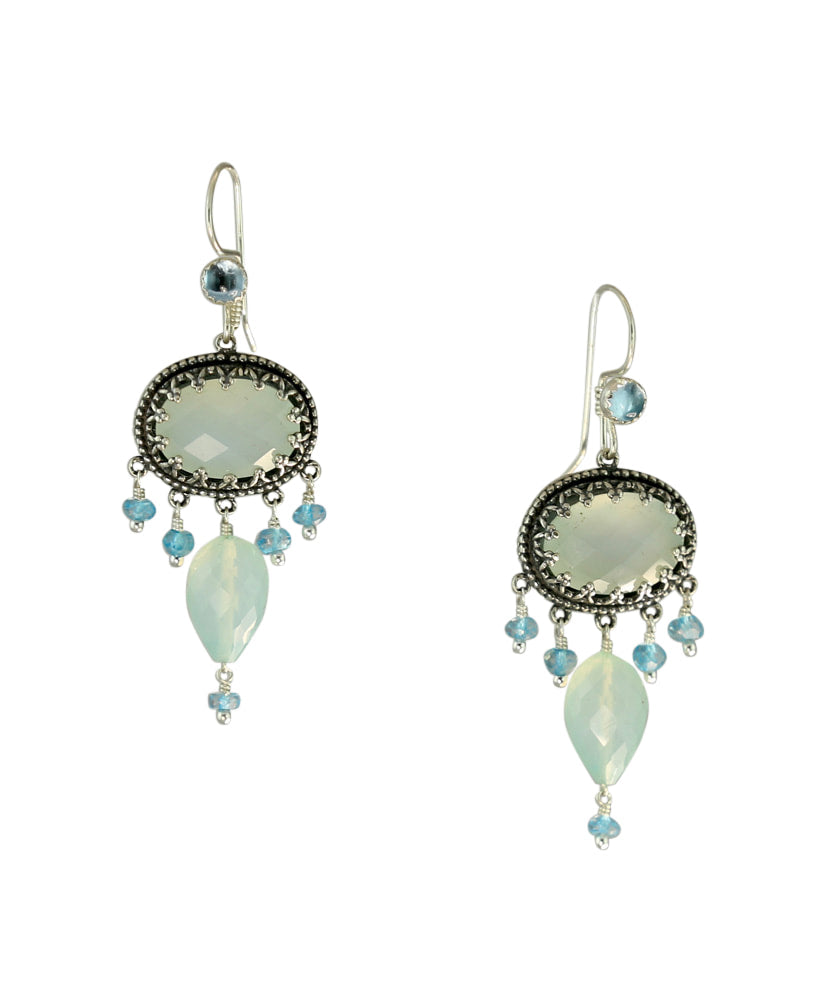 Aqua Chalcedony & Blue Topaz Silver Chandelier Earrings