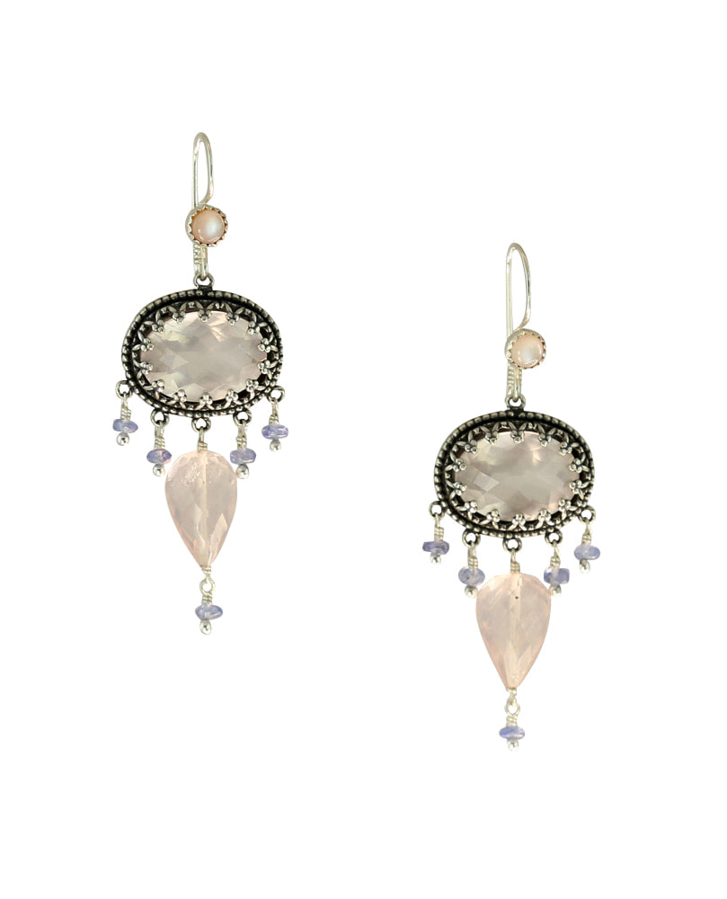 Rose Quartz & Tanzanite Silver Chandelier Earrings