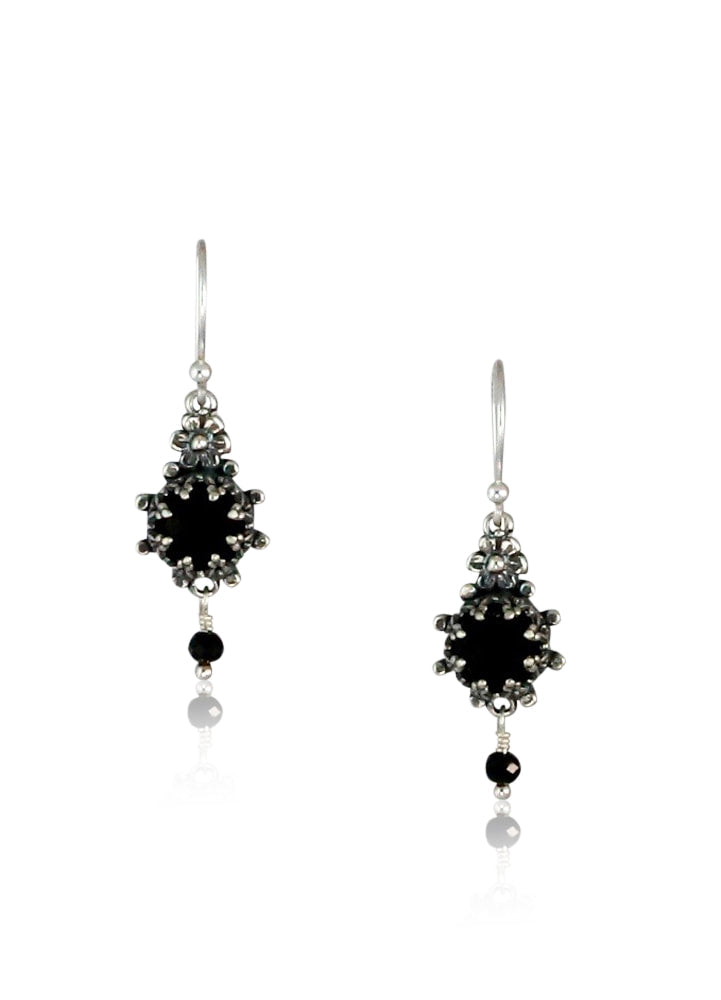 Black Onyx Mini Flower Silver Earrings