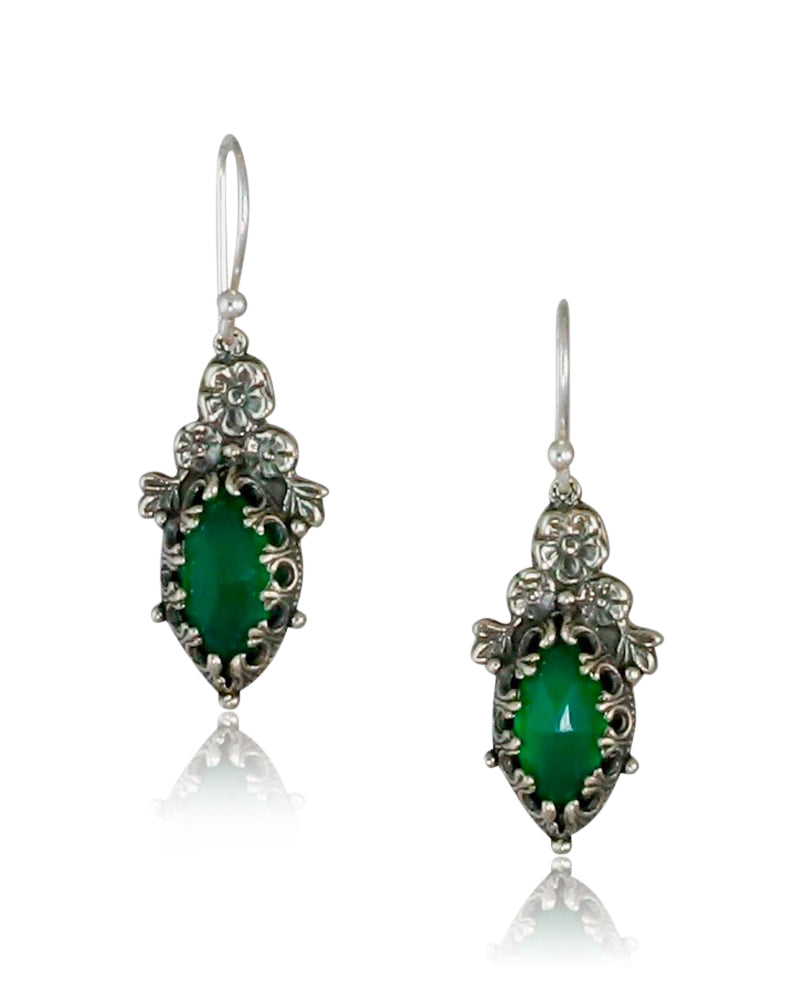 Green Onyx Marquise Fiori Silver Earrings