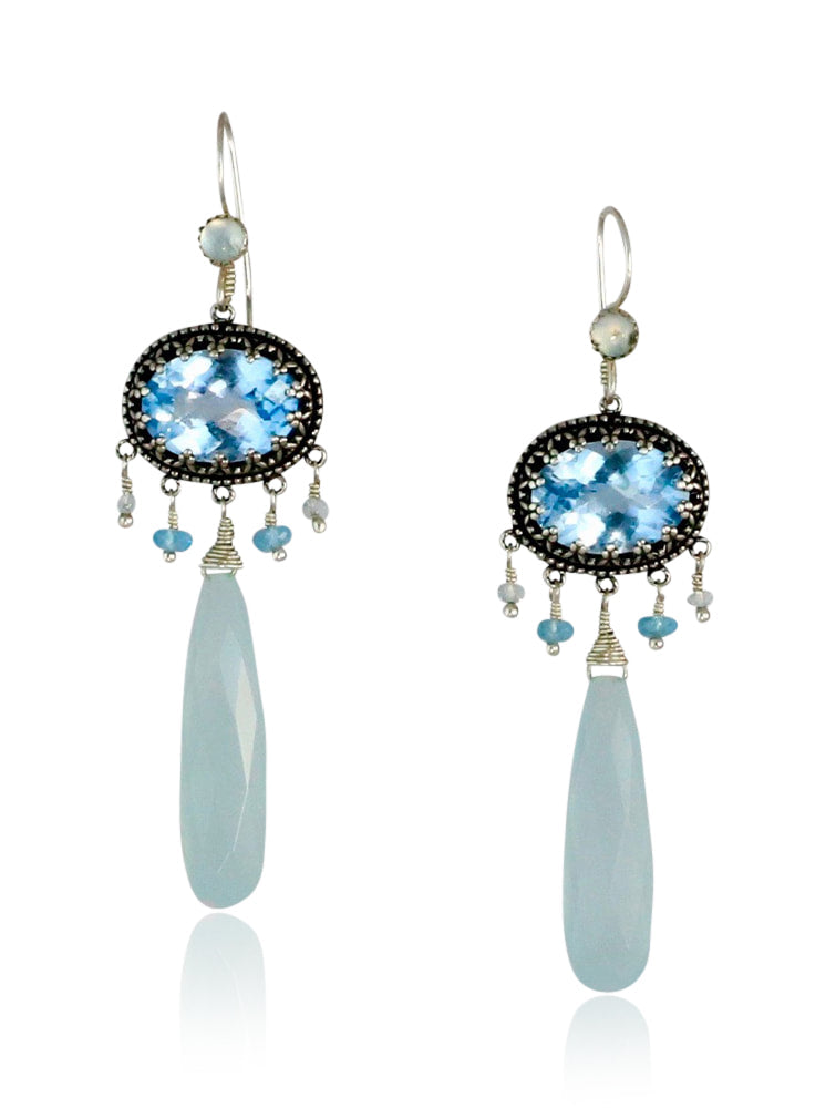 Blue Topaz & Aqua Chalcedony Silver Chandelier Earrings