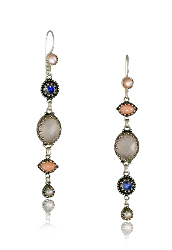 Rose Quartz, Rainbow Moonstone, Coral & Pearl It’s Raining Stones Earrings