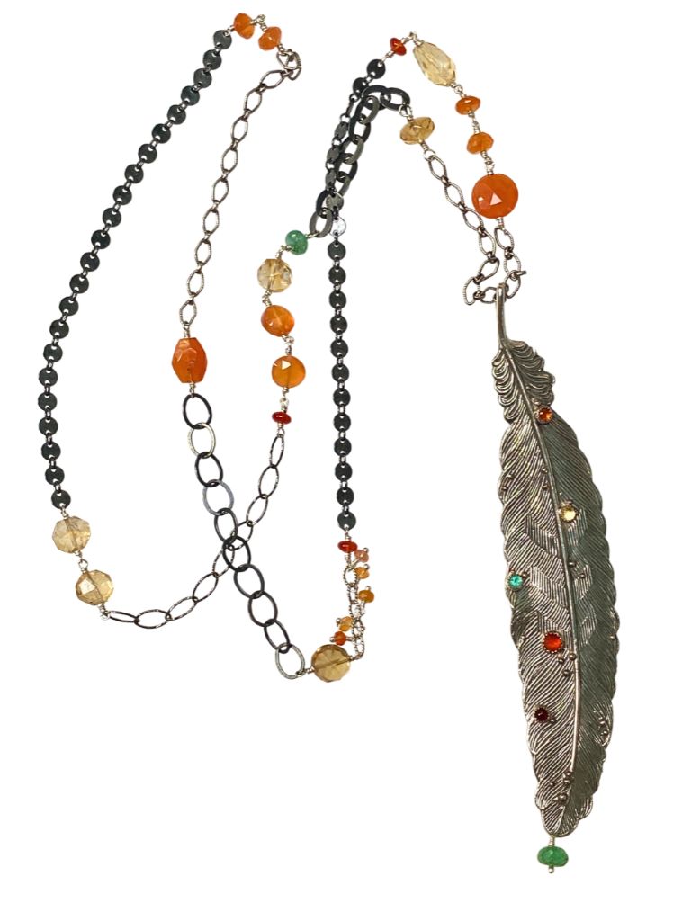 Silver Feather Necklace in Emerald, Citrine & Carnelian